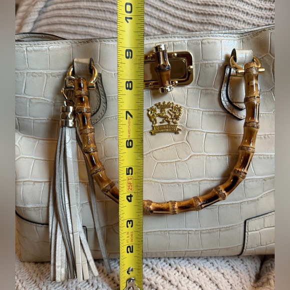 Elegant Pratesi Firenze Sarteano Bamboo Handle Cream Croc Embossed Leather - Picture 9 of 16
